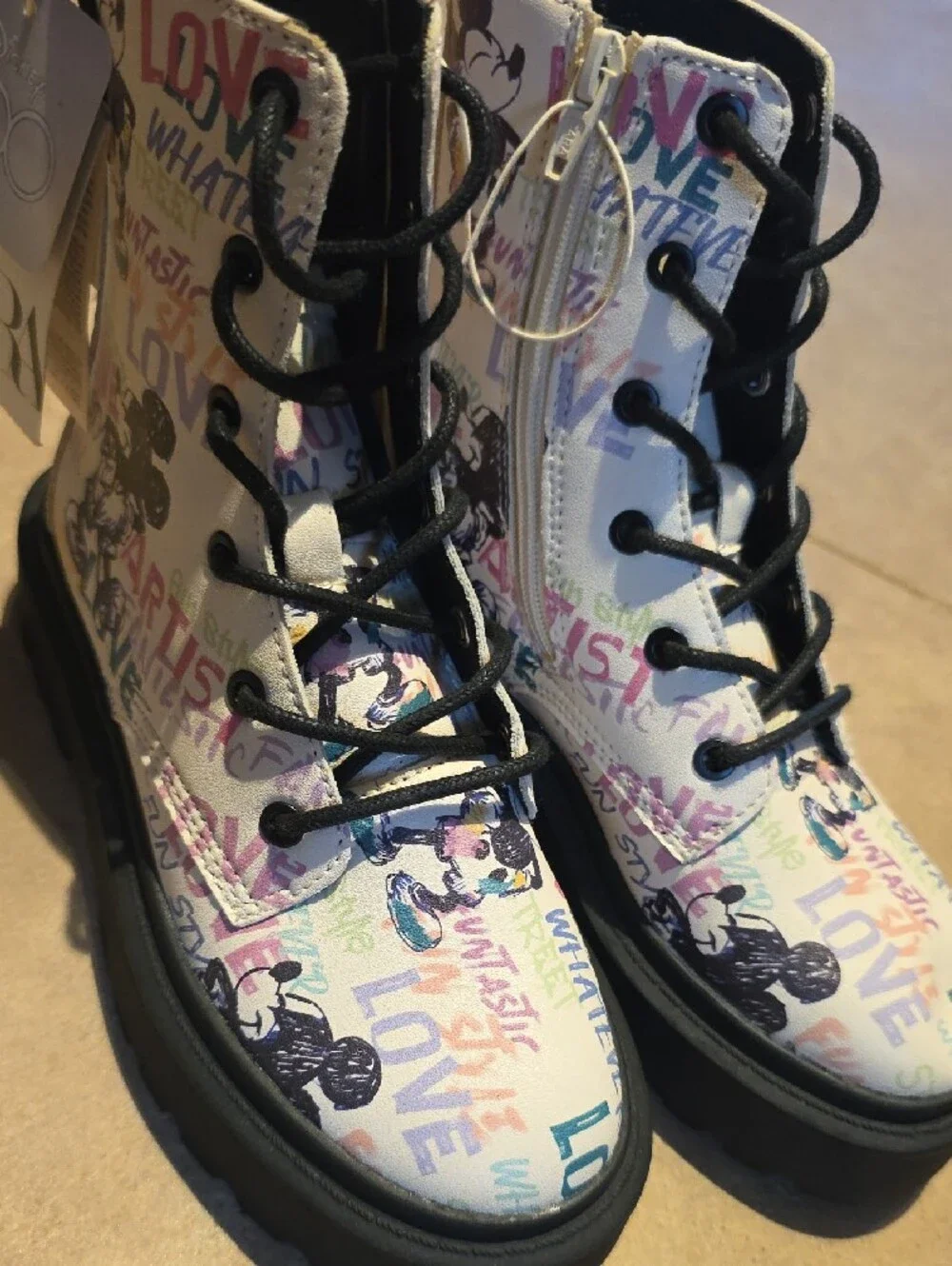 Zara Kids Disney Mickey MouseWhite Graphic Lace-Up Combat Boots with Black Soles